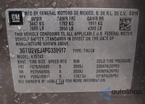2015 GMC Sierra 1500 Slt from USA, damaged, VIN 3GTU2VEJ4FG330917